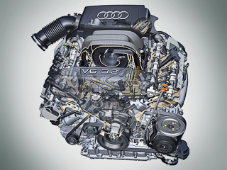 Audi a6. Мотор V6&nbsp;3.2&nbsp;FSI с&nbsp;углом развала цилиндров 90&nbsp;градусов, оснащённый системой непосредственного впрыска топлива, появился ещё в&nbsp;2004&nbsp;году на&nbsp;дебютировавшем тогда новом поколении семейства&nbsp;А6. Двигатель устанавливается на&nbsp;многие модели концерна Volkswagen.