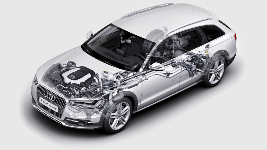 Универсал Audi A6 allroad — разновидность модели Audi A6 Avant. Кузов Олроуда так же состоит на 20% из алюминия, а подвески спереди и сзади — двухрычажка и многорычажка соответственно. Но, конечно же, и различий хватает. Самое малое из них — уменьшенная колёсная база по сравнению с обычной «а-шестой» (с 2912 до 2905 мм). Помимо этого вместо пассивных амортизаторов у Олроуда уже «в базе» установлены пневмостойки с возможностью регулировки дорожного просвета — в диапазоне 60 мм. Пружины у вседорожной модификации тоже оригинальные — рассчитанные под иную геометрию и возросшую снаряжённую массу.