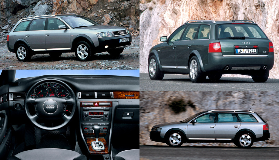 Самый настоящий Allroad — тот, что вышел на рынок в 1999 году. Машина первого поколения была создана по рецепту, неизменному до сих пор. Кузов модели Audi A6 Avant облачили в пластиковый обвес по периметру, установили передний и задний бамперы с металлическими вставками по низу. Но уникальным Allroad делала техническая начинка. Все версии модели изначально оснащались постоянным полным приводом и пневмоподвеской. Благодаря ей водитель мог варьировать клиренс в диапазоне от 142 до 208 мм. А если учесть, что в списке опций значился демультипликатор, то Allroad можно было превратить почти во внедорожник. В зависимости от исполнения снаряжённая масса равнялась 1795–1865 кг. Такому автомобилю и моторы положены соответствующие. Знамя дизельных отстаивала наддувная «шестёрка» 2.5 TDI (163–180 сил, 310–370 Н•м), а в линейке бензиновых значились битурбомотор V6 2.7 (250 л.с., 350 Н•м) и атмосферный V8 4.2 (300 сил, 400 ньютон-метров). Коробки передач — шестиступенчатая «механика» либо пятидиапазонный «автомат». Выпуск «первого» Олроуда прекратился в июле 2005 года, но в продаже модель оставалась до 2006-го.