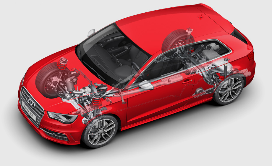             Хэтчбек Audi S3 новой генерации построен на модульной платформе MQB. Спереди установлены стойки McPherson с алюминиевыми подрамником, опорными подшипниками, рычагами и поворотными кулаками. Сзади — многорычажная конструкция со стальными рычагами и подрамником. Передняя ось по сравнению с предшественником сдвинута вперёд на 42 мм, а двухлитровый мотор наклонён назад на 12 градусов. Пружины и активные амортизаторы (наполнены магнитореологической жидкостью) стали чуть жёстче, но характеристики их таковы, что можно без труда ездить на «эс-третьей» каждый день.

