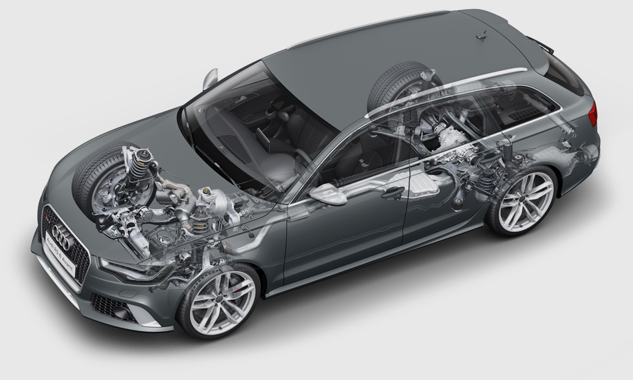             Конструкция кузова универсала Audi RS6, как и у обычного A6 Avant, состоит на 20% из алюминия. Из «крылатого металла» также выполнены капот и крышка багажника, двери и передние крылья, элементы подвески (передние рычаги, ступицы на обеих осях) и моторный щит. Сбросить лишние килограммы удалось с проводки автомобиля, с конструкции полноприводной системы и наддувной «восьмёрки». В общей сложности RS6 новой генерации весит на 100 кг меньше предшественника. Подвески спереди и сзади — двухрычажка и многорычажка соответственно. Шасси по сравнению с обычными универсалами занижено на 20 мм. Изначально Audi RS6 впервые в своей истории оснащается пятирежимной пневмоподвеской с возможностью регулировки дорожного просвета, но за доплату предлагается спортивная подвеска с активными трёхрежимными амортизаторами.
