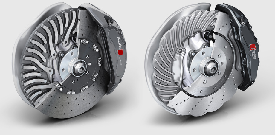             По умолчанию в Audi RS6 Avant применяются вентилируемые тормоза (на иллюстрации справа) с 390-миллиметровыми чугунными дисками спереди (масса уменьшилась на 3 кг). На передней оси стоят шестипоршневые суппорты, на задней — четырёхпоршневые. Слабенько? Заказывайте тогда карбонокерамические тормоза с 420-миллиметровыми «блинами» спереди.
