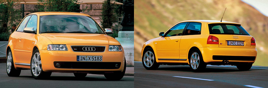             Главой семейства Audi A3 модификация S3 стала весной 1999 года. Это была трёхдверка длиной 4152 мм и шириной 1735 мм, у которой расстояние между осями составляло 2519 мм. Снаряжённая масса в зависимости от комплектации — от 1375 до 1420 кг. «Заряженный» хэтчбек комплектовался наддувной «четвёркой» 1.8, которая сначала выдавала 210 сил и 270 Н•м, а после рестайлинга 2001 года — 225 и 280 соответственно. Разгон до 100 км/ч в зависимости от отдачи мотора длился от 6,8 до 6,6 с, а максимальная скорость равнялась 238 и 243 км/ч соответственно.
