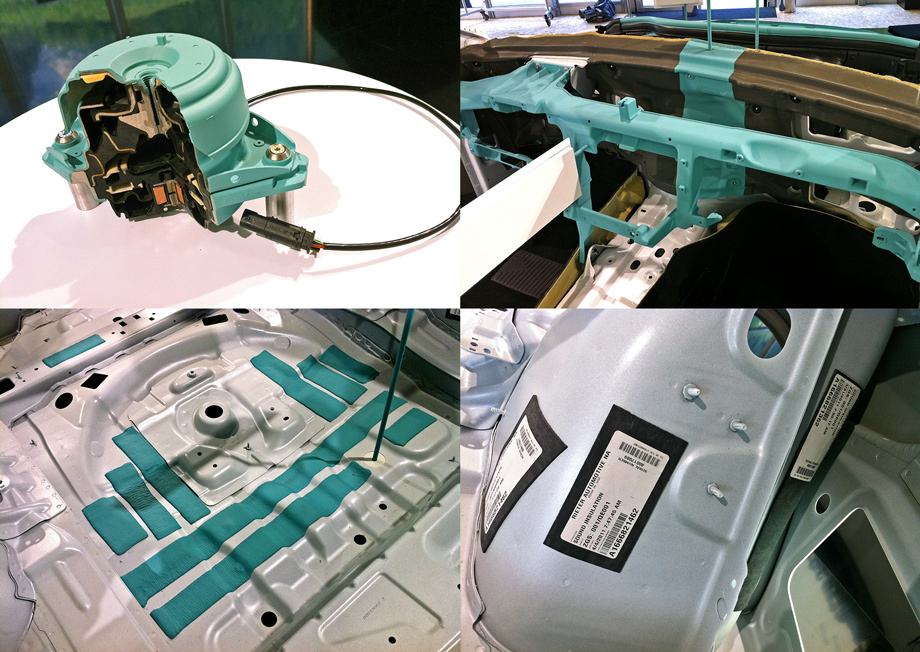             Немцы проделали большую работу по обеспечению акустического комфорта кузова, для чего использовались самые разные хитрости. От активных гидроопор двигателя (вверху слева) до звукоизоляционного напыления в районе моторного щита или днища багажника. В критических местах, вроде колёсных арок, помимо прочего применяются «заплатки», которые наносятся роботами на тщательно просчитанное положение. Хотя выглядит так, будто место для наклейки выбрано случайным.
