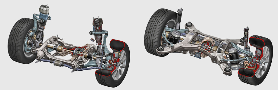             Архитектура ходовой части не изменилась: двойные поперечные рычаги спереди и многорычажка сзади. Однако все рычаги, поворотные кулаки и ступицы теперь алюминиевые. Базовая подвеска по-прежнему пружинная, но теперь она по умолчанию укомплектована пассивными амортизаторами с переменными характеристиками демпфирования. Изменены передние пневмостойки, предлагаемые за доплату (на иллюстрации): в их конструкции появился новый несущий шарнир, благодаря которому уменьшилась нагрузка на корпус пневмокамеры. Адаптивные амортизаторы ADS II c четырёхпозиционной регулировкой жёсткости снабжены более надёжными уплотнителями. Все элементы пневмосистемы лучше защищены.
