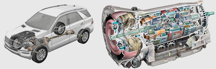             Модернизированная семиступенчатая «гидромеханика» <nobr>7G-Tronic</nobr> Plus адаптирована под систему start/stop и оснащена новым демпфером крутильных колебаний с центробежным маятником для снижения вибраций на низких оборотах дизельных моторов. Полноприводная трансмиссия — со свободным межосевым дифференциалом и малоинерционными приводами, который делит момент по осям в равных долях. Более продвинутая версия с пакетом On&Offroad снабжена раздаткой с понижающей передачей <nobr>(2,93:1)</nobr> и блокировкой центра при помощи многодисковой муфты с электронным управлением. Но имитация межколёсных блокировок — на совести системы стабилизации и тормозных механизмов.
