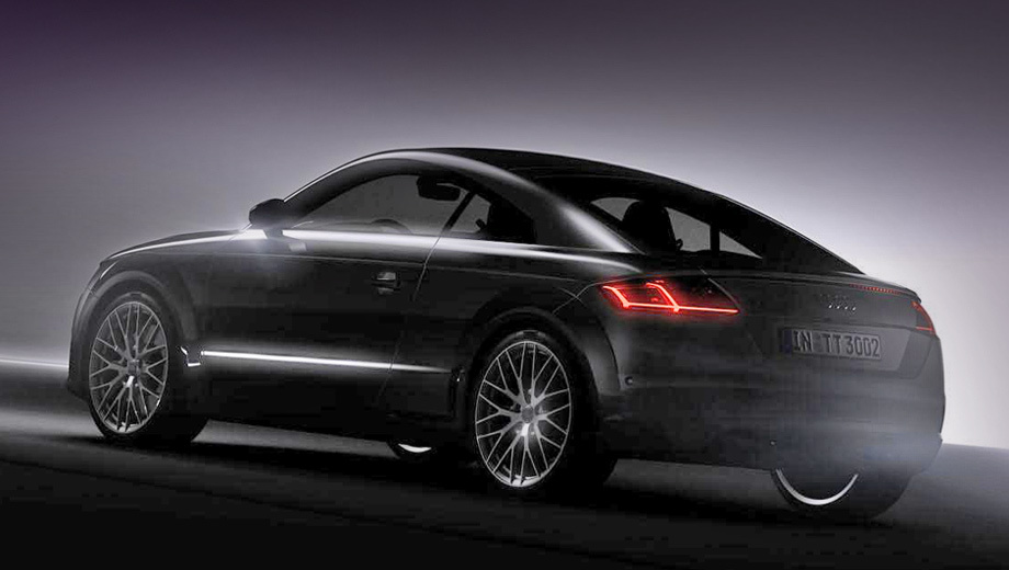 Audi tt. Тёмный силуэт моментально узнаваем — немцы пошли по эволюционному пути в разработке машины нового поколения. Обратите внимание на крышку багажника — на ней видна длинная полоска светодиодов третьего стоп-сигнала: она соединяет фонари.