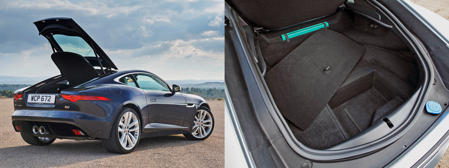             По сути Jaguar F-type — трёхдверный хэтчбек. Но машину с таким силуэтом язык не поворачивается назвать этим словом. Крышка багажника оснащается электроприводом, а под ней — отделение объёмом 300 л. Высокая погрузочная высота и узкий проём — характерные особенности, а не недостатки.
