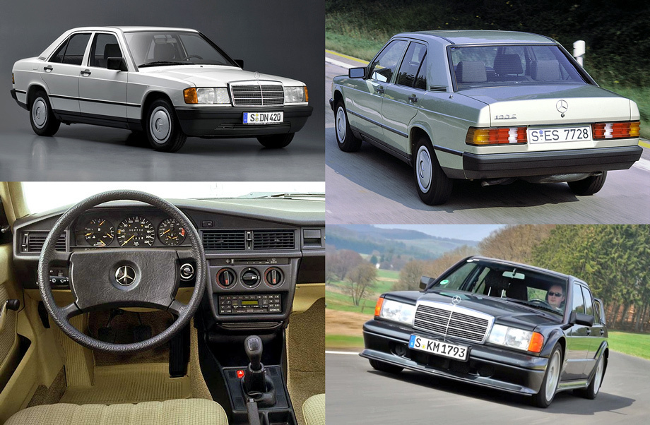             После окончания производства седана 170 V в модельной линейке Мерседеса не осталось среднеразмерных машин. Самыми компактными были те, что впоследствии стали E-классом. Но на волне европейского кризиса доступный Mercedes всё-таки возродили — седан 190 E (W201) дебютировал в 1982 году. Легендарный дизайнер Бруно Сакко создал рубленый кузов длиной 4448 мм и шириной 1679 мм, а инженеры подготовили абсолютно новую платформу с задней пятирычажной подвеской и колёсной базой 2664 мм. Младший Mercedes оснащался АБС и подушками безопасности. За время выпуска под капотом «сто девяностого» побывали бензиновые моторы объёмом 1,8–2,6 л (105–235 л.с.) и дизельные агрегаты 2.0, 2.2 и 2.5 (75–122 л.с.). Топ-моделями были омологационные версии Evo, необходимые для участия в чемпионате DTM. Наиболее мощная — 190 E 2.5-16 Evolution II — выдавала 235 «лошадей» и развивала 250 км/ч. Собирали Mercedes 190 E на заводах в Бремене и Зиндельфингене. К концу производства в 1993 году по миру разошлось 1 874 668 машин.
