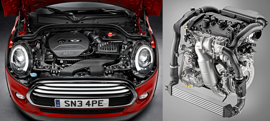             Впервые Mini оснащается только моторами BMW. Серия R50/53 создавалась вокруг бразильских двигателей Tritec (Pentagon), разработанных совместно с Крайслером, а R56 комплектовалась «Принцами», созданными при участии концерна PSA. Несмотря на общее название всей серии моторов TwinPower Turbo, бензиновая «тройка» 1.5 с индексом B38, показанная на фото, оснащается обычным турбокомпрессором вместо узла с двойным рабочим аппаратом типа Twin Scroll.
