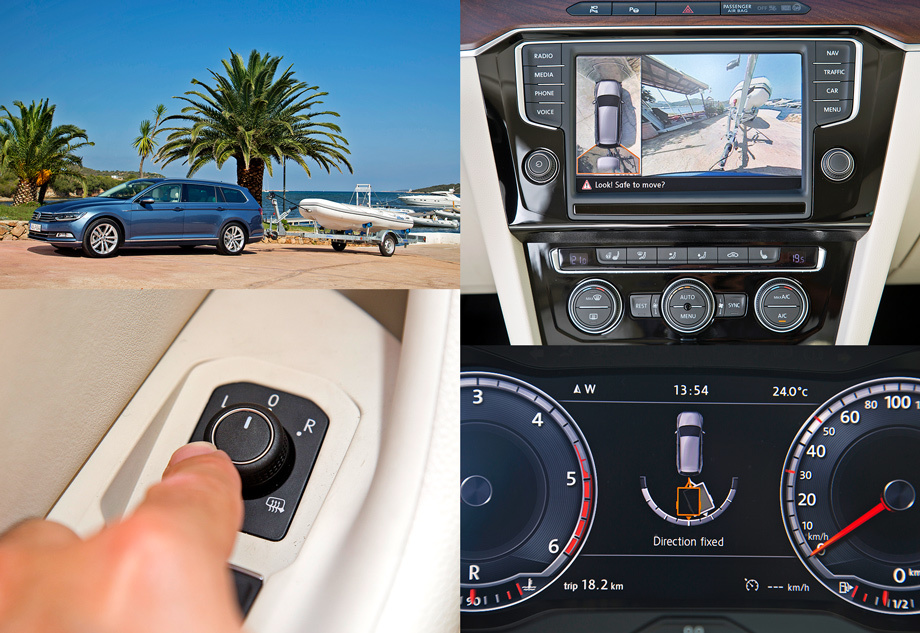             Функция Trailer Assist в действии: остановился, включил заднюю передачу и… Регулируй зеркала! На самом деле «зеркальный» джойстик в этом режиме выполняет функцию руля, а направление движения с учётом угла прицепа относительно автомобиля (за ним следит камера заднего вида) отображается на панели приборов. Водитель только жмёт газ и тормоз.
