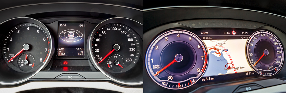             Помните панель «седьмого» Пассата с индивидуальными колодцами для индикаторов поворота, с хромированными такими колечками? По-моему, новый инструментарий (слева) выглядит менее солидно. Цифровой дисплей с диагональю 12,3 дюйма производства фирмы Continental имеет разрешение 1440 на 540 точек и оценён в Германии в 650 евро. Главное в нём — карта: нажатием кнопки на руле шкалы спидометра и тахометра можно уменьшить и раздвинуть по сторонам.

