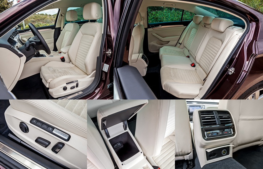             Продвинутые передние кресла ergoComfort — это семь регулировок с памятью и массажёром за 1180 евро. Меня же больше порадовала комбинация алькантары с кожей — сидишь, как приклеенный!  Под локтем — бокс с USB-разъёмом... Задний диван с подогревом установлен на сантиметр ниже, чем в Пассате В7, в то время как крыша опустилась на 14 мм. Дополнительный блок микроклимата с прикуривателем и розеткой — ещё 555 евро.
