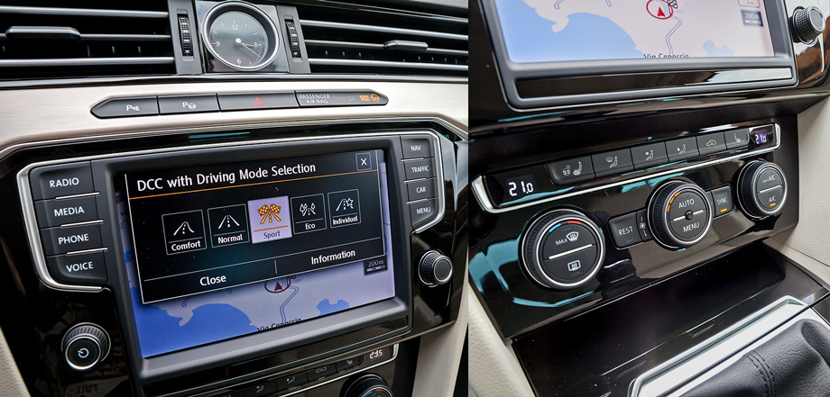             Управлять режимами опциональной подвески DCC (1180 евро) можно кнопкой Mode возле рычага коробки или прямо на экране. Но если в Гольфе при этом характеристики амортизаторов Monroe, усилие на руле и отклики на газ меняются явно, то в Пассате заметны лишь подвесочные метаморфозы. Настраивать «микроклимат» — одно удовольствие.
