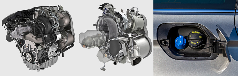             У 240-сильного дизеля 2.0 TDI — два разновеликих турбонагнетателя, причём «маленький» — с изменяемой геометрией направляющего аппарата. Максимальное давление наддува — 3,8 бара. Пара «бочонков» — это сажевый фильтр и нейтрализатор, установленные сразу после выпускного коллектора. Тяга в 500 Н•м при 1700–2600 об/мин потребовала усиленных коленвала, шатунов, поршней и головки блока. А эконормы Евро-6 — мочевины AdBlue, которая смешивается с выхлопными газами перед нейтрализатором.
