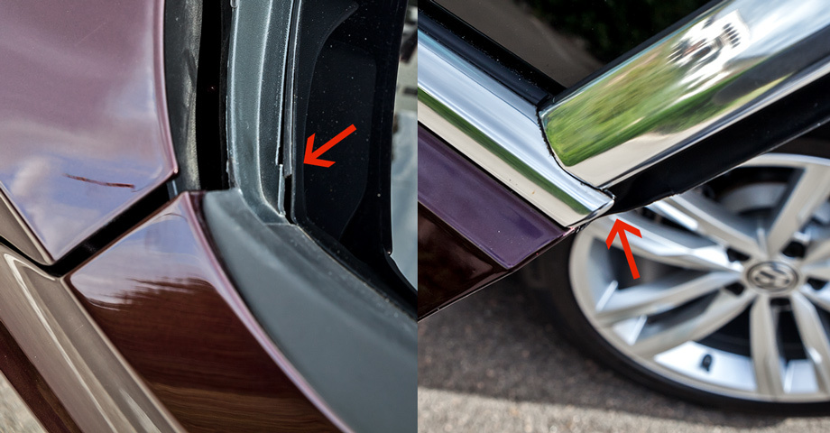            ...и у большинства присутствуют нестыковки, отмеченные стрелками: слева — нижний угол лобового стекла, справа — хромированная горизонтальная планка задней двери, об острый угол которой мой коллега даже поранил руку.
