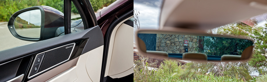             Вслед за Гольфом и Mondeo и у Пассата в дверях появились треугольные «минивэновские» окошки, а зеркала теперь — на ножках. Так, мол, шума меньше, обзорность лучше. Не заметил. Зато оценил утончённые передние стойки. Салонное зеркало мелковато, но весь проём заднего окна — в нём.
