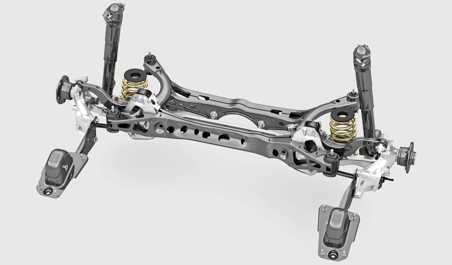             Задняя четырёхрычажная подвеска переднеприводной модификации. У полноприводных машин (с муфтой Haldex пятого поколения) подрамник не стальной, а алюминиевый. Отличие продольных рычагов на версиях с амортизаторами DCC — в передней гидроопоре: с ней меньше вибраций.
