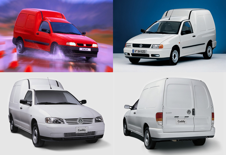             В более привычном нам виде — как грузопассажирский «каблучок» — Caddy явился в 1996 году, когда было создано второе поколение (Typ 9KV). Этот автомобиль компания SEAT сконструировала на основе хэтчбека Ibiza Mk2 (платформа A03). Вернее, испанцы разработали модель Seat Inca (Typ 9K), а Volkswagen подправил ему решётку радиатора под свой стиль. Гамма моторов расширилась до семи вариантов: от бензинового агрегата 1.4 (60 л.с.) до турбодизеля 1.9 (90 л.с.). Европейская история второго поколения завершилась в 2004 году, а в Аргентине (нижний ряд фото) модель дожила до наших дней, подвергшись рестайлингу.
