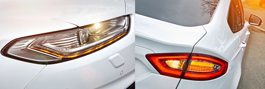             Mondeo комплектуется галогеновыми фарами либо за доплату в 59 тысяч адаптивными светодиодными, как у нас. Для наддувных версий в самом дорогом исполнении Titanium Plus (от 1 749 000 рублей) это стандартное оборудование.
