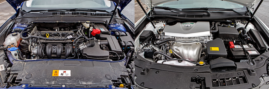             Все двигатели в российской гамме Mondeo, включая «четвёрку» 2.5 (слева), можно заправлять бензином АИ-92, а вот тойотовский агрегат (справа) признаёт топливо не ниже АИ-95.
