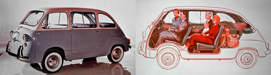 Fiat 600 Multipla (1956–1969) Данте Джакозы — один из первых в мире минивэнов. Модель пришла на смену универсалу 500 C Giardiniera. Технически автомобильчик длиной 3530 мм был копией обычной «шестисотки», только переднюю подвеску заимствовал у более крупного Фиата 1100. Задние ряды шестиместного салона складывались в двухметровую «кровать».