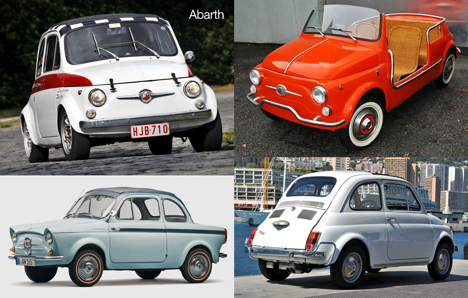 На базе «Чинквино» строился десяток машин. Начиная со спортивных моделей Abarth (слева вверху) и заканчивая оригинальными седанами и купе NSU-Fiat Weinsberg (1959–1963).