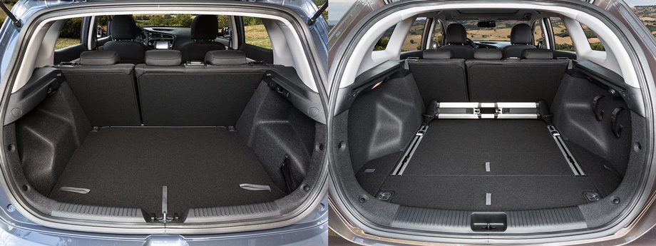            У хэтчбека (слева) багажник аккуратный, но только универсал заставляет прыгать от радости: наконец-то можно надёжно зафиксировать багаж, вечно летающий по салону.
