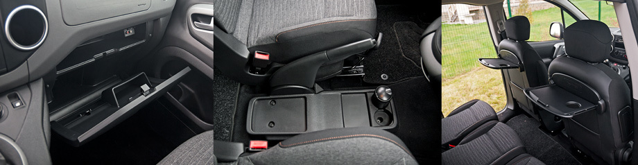             Отсеки для хранения в Berlingo способны вместить до 170 л. Бардачок многоэтажен, но лист формата А4 приходится складывать. Между передними креслами может быть  подвижная консоль, под сиденьями переднего ряда и под ногами задних пассажиров бывают ящики. Столики — не хлипкие.
