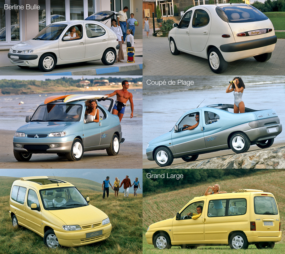             Выходу серийного вэна в 1996 году предшествовало трио шоу-каров, в которых было использовано название Berlingo. На Парижском автошоу красовались концептуальный хэтч Berlingo Berline Bulle (предвестник <a href="https://www.drive.ru/citroen/drive-test/2010/04/29/3314091/zabralo.html" target="_blank" rel="noopener" class="c-link">Ситроена C3</a>), пляжный сёрфинг-кар Berlingo Coupé de Plage с дизайном от ателье Bertone и, собственно говоря, Berlingo Grand Large Concept, который лёг в основу конвейерного «каблучка».
