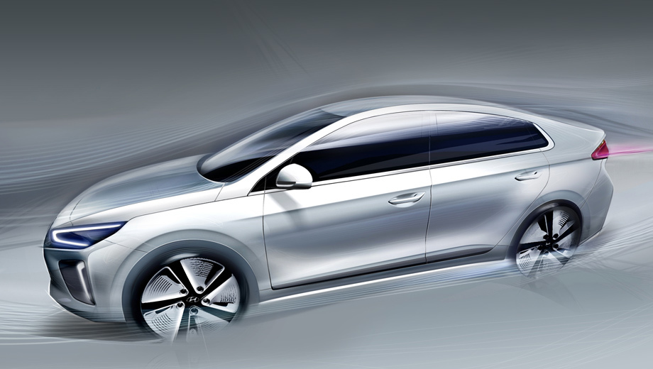 Hyundai ioniq. Выдав второй тизер, компания Hyundai пообещала лучшую в сегменте аэродинамику. Интригует. У тойотовского Приуса, скажем, весьма впечатляющий для серийной машины коэффициент обтекаемости — 0,24.