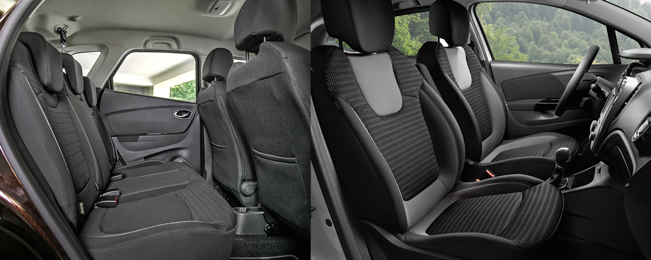 Передним креслам даже в топ-версии не хватает более плотной набивки и поясничного подпора. Подлокотник сиденья водителя — особенность самой богатой комплектации. На выбор два варианта тканевой обивки, один с оранжевыми текстильными вставками (13 990 рублей) и чёрная кожа (35 990).