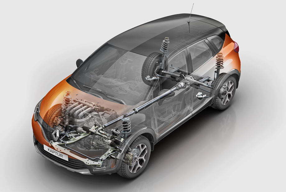 От европейского кроссовера Captur наш Kaptur отличается не только элементами дизайна и возросшими габаритами. В основе первого — платформа хэтчбека Clio, а у второго — модернизированная «тележка» B0, знакомая по Дастеру. В зависимости от типа привода задняя подвеска или полузависимая, или независимая типа McPherson, передняя ― всегда McPherson. От Дастера Kaptur отличается изменённым передним подрамником, иными передними рычагами, перекалиброванными пружинами и амортизаторами. Передний стабилизатор отныне привулканизирован к втулкам.