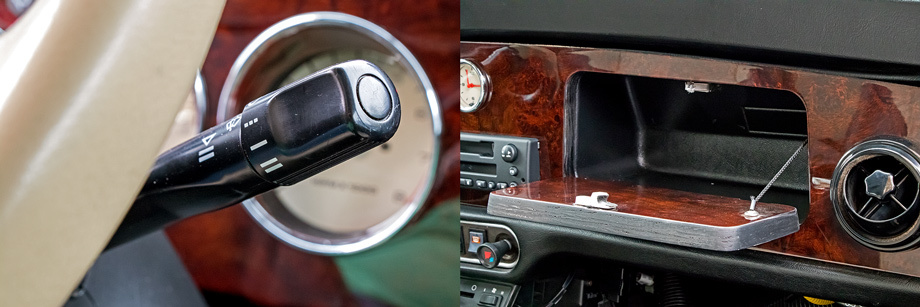             Стеклоочистители включаются вращением колечка на правом подрулевом рычаге. Перчаточный ящик именно что перчаточный, и обратите внимание на толщину отделочной фанеры!
