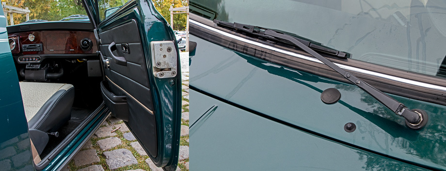             На ранних машинах внутренняя полость двери дополняла объём салона, стёкла были сдвижными. А на этом Mini в дверях есть даже энергопоглощающие брусья. Для праворульных версий сразу предусмотрены места для стеклоочистителей.
