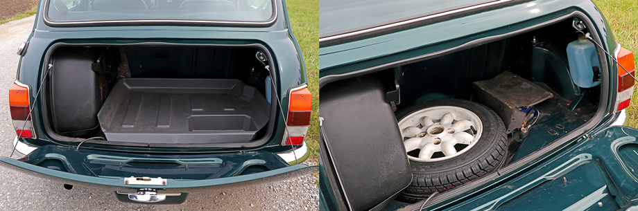             Чтобы открыть багажник, надо наклоняться. Объём примерно равен одному чемодану  «кабинного» размера. Под хлипким пластиковым полом ― аккумулятор и запаска, слева ― топливный бак.
