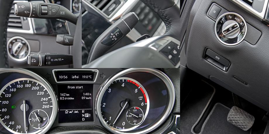             Традиционный мультифункциональный рычажок, отвечающий за сигналы поворота, дальний свет и дворники, остался таким же навороченным, но поменялся местами с селектором круиз-контроля. У подрулевой «кочерёжки» трансмиссии новый дизайн. Приборная панель хорошо организована и информативна, но простовата для большого Мерседеса. Чёрно-белый дисплей — вчерашний день. Даже автомобили классом ниже сегодня выглядят наряднее. Это понимают и сами немцы, но более дорогую панель получит только <a href="http://www.drive.ru/spy/2011/07/27/4252945.html" target="_blank" rel="noopener" class="c-link">новый GL</a>. Электромеханический стояночный тормоз позволил избавиться от запорной педальки, что освободило больше места для левой ноги и позволило разместить коленную подушку безопасности. Клавиша разблокировки ручника — на привычном месте, но теперь её надо нажимать, чтобы застопорить машину.
