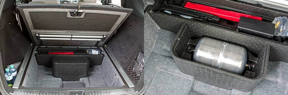             Под полом в специальном коробе припрятан ресивер пневмоподвески: стальной баллон, к которому ведут две пластиковые трубки. По идее здесь не осталось места для запасного колеса. Но в российском представительстве уверяют, что как минимум докатка у Мерседеса на нашем рынке будет. Либо речь идёт только о версиях с пружинной подвеской, либо у немцев для нас припасены <nobr>какие-то</nobr> особые конструктивные решения.
