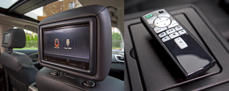             Встроенные в подголовники экраны для задних пассажиров — только в версии Top. Общий пульт хранится в кармане переднего бокса-подлокотника.

