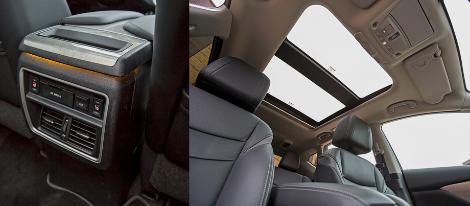             В торце переднего бокса Ниссана — воздуховоды для задних пассажиров, HDMI-разъём, пара USB-розеток и кнопки двухуровневого подогрева задних сидений. Панорамная крыша с люком бывает исключительно в комплектации Top.

