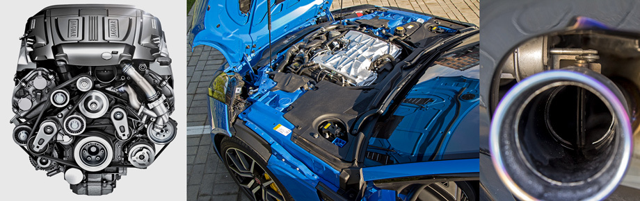             Пятилитровый двигатель V8 AJ133 — как на внедорожнике <a href="https://www.drive.ru/video/bmw/landrover/porsche/566ae50e95a6562c6c000004.html" target="_blank" rel="noopener" class="c-link">Range Rover Sport SVR</a> — оснащён приводным нагнетателем Eaton. Здесь у него оригинальная выпускная система из инконеля (жаростойкий никель-хромовый сплав) и титана — только на ней сэкономлено порядка 16 килограммов. На фото справа хорошо видна одна из титановых электронноуправляемых заслонок в глушителе. Вместо одного поперечного резонатора на «эрке» здесь два по бортам, благодаря чему между ними расположился диффузор.
