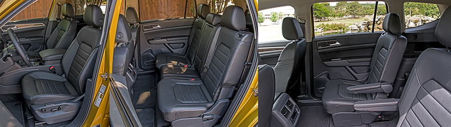             Кресла стоят амфитеатром: задние на 63 мм выше передних, а третий ряд расположен ещё на 36 мм дальше от пола. Спереди поясничный подпор регулируется по глубине, но не по высоте. Диван второго ряда за доплату можно сменить на два отдельных кресла (на фото справа). 
