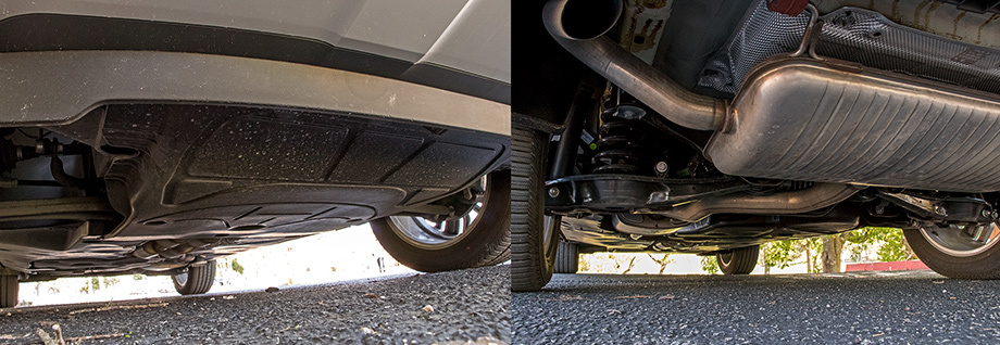             В отличие от более компактного Туарега кроссовер Teramont базируется на простой и массовой платформе MQB. Поэтому спереди у него McPherson, а не двойные рычаги, а вместо пневмоэлементов — исключительно стальные пружины. Адаптивные амортизаторы пока предусмотрены только для китайского рынка. Проще, чем у Туарега, здесь и полный привод: задняя ось подключается многодисковой муфтой BorgWarner (ранее известной как Haldex пятого поколения). Дорожный просвет ― 203 мм, причём аэродинамические щитки днища и нейтрализаторы в центре колёсной базы расположены одинаково низко. 
