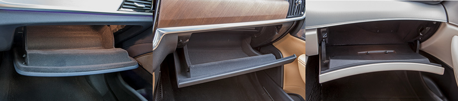             Все бардачки подсвечены, но отделка аккуратнее в BMW и Volvo, причём у S90 самый вместительный отсек с отдельной полкой для инструкции, а в «пятёрке» — ещё и два слота для ароматизаторов воздуха (опция за 27 тысяч рублей).
