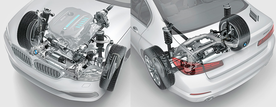             Спереди — двухрычажка. Сзади — многорычажная схема, но кинематика  — принципиально отличная от серии F10: нижний V-образный поперечный рычаг заменён двумя отдельными тягами, добавлен ещё один верхний рычаг, а хитрого «интегрального» рычажка больше нет. Большинство задних рычагов стальные.
