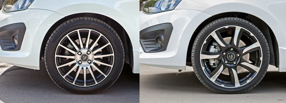 У машин начальной линейки Drive Active — 15-дюймовые шины. Спорты обувают в 16-дюймовые (левое фото). А Калину NFR (справа) ― в 17-дюймовые, причём колёса тут монтируются на ступицу Renault с пятью болтами.