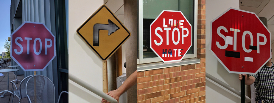             Учёные использовали четыре вида «атак». В первой знак был частично затемнён, во второй стрелку замаскировала серыми стикерами, в третьей Stop дополнили словами «любовь» и «ненависть», в последнем хаотично налепили четыре прямоугольника.
