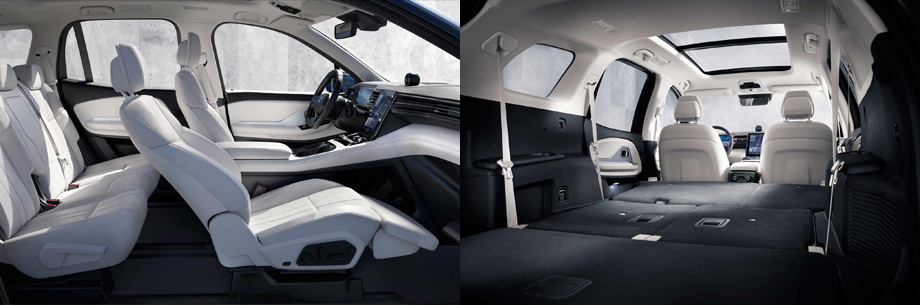             Посадочная формула в электрокроссовере ― 2+3+2. Для пассажиров второго ряда ― регулируемый диван, дефлекторы обдува на потолке, ровный пол. Панорамная крыша оснащена сдвижной секцией.
