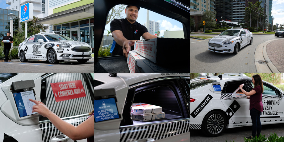             Работник Dominos загружает коробки с пиццей в заднюю часть салона, стекло закрывается. Беспилотник едет по нужному адресу. Клиент набирает на панели последние четыре цифры телефона, с которого был сделан заказ. Стекло машины опускается, открывая доступ к коробкам.
