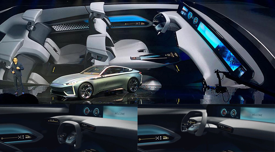 В интерьере по последней моде выделяется дисплей, занимающий всю ширину салона. Руль прячется в недра передней панели и выдвигается в ручном режиме управления.